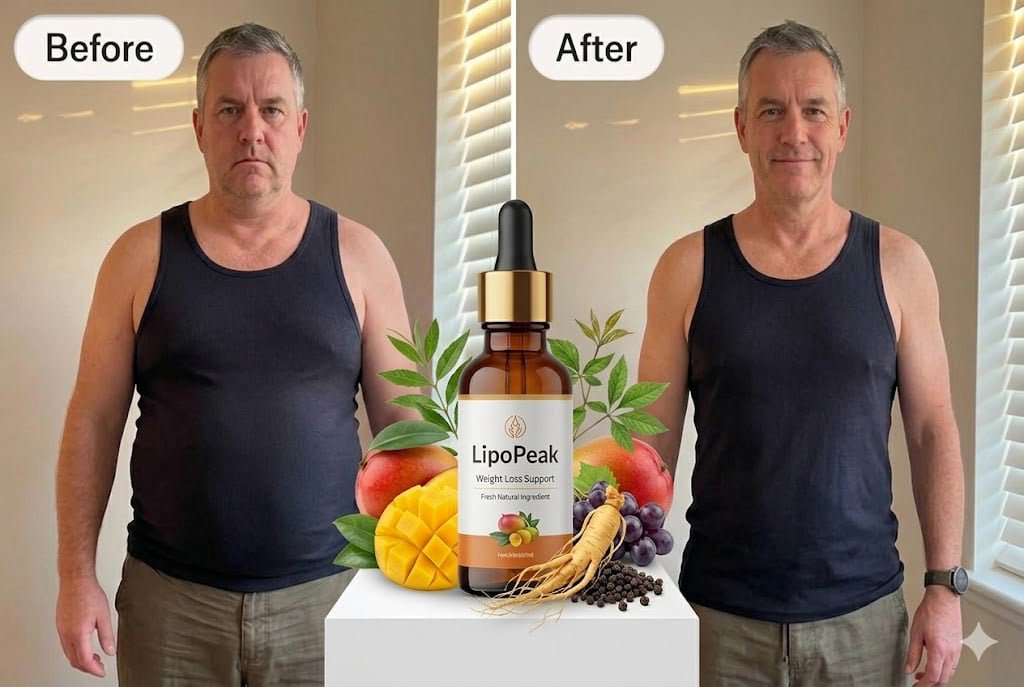  before and after weight loss with LipoPeak bottle