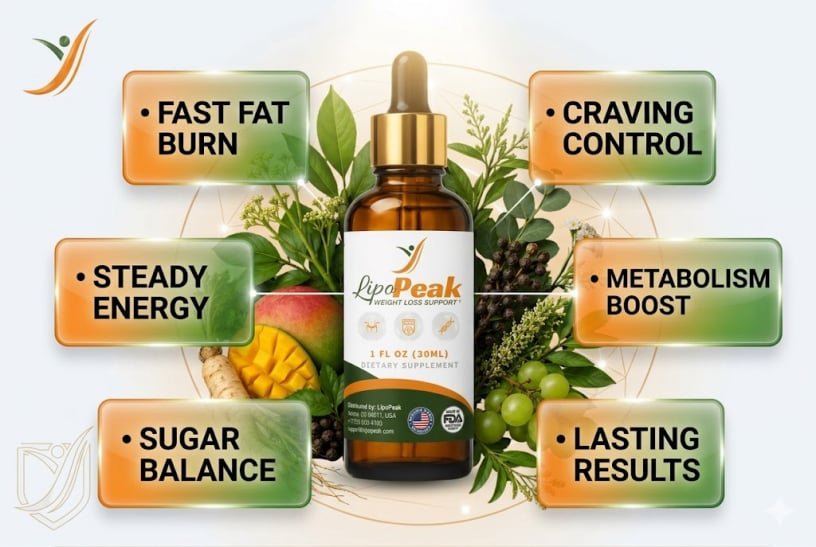 LipoPeak weight loss supplement bottle with 6 key benefits